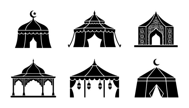 Collection of Six Black Silhouette Tents, Marquees, and Pavilions, Islamic Architecture Elements, Event Structures, Decorative Canopies