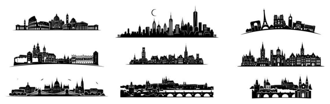 Famous city skylines and world landmarks collection black and white vector silhouette set