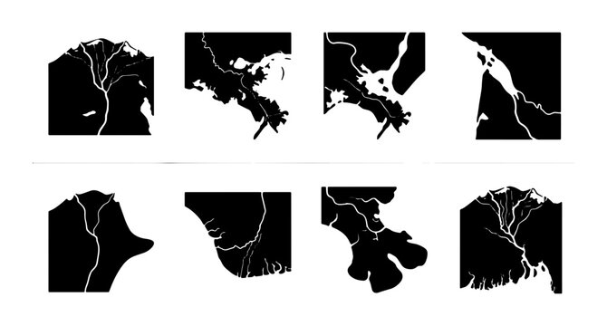 Abstract River Delta Silhouettes, Set of 8 Vector Graphics, Geographic Landforms, Waterways, Nature Maps, Environmental Concepts, Black and White Design Elements