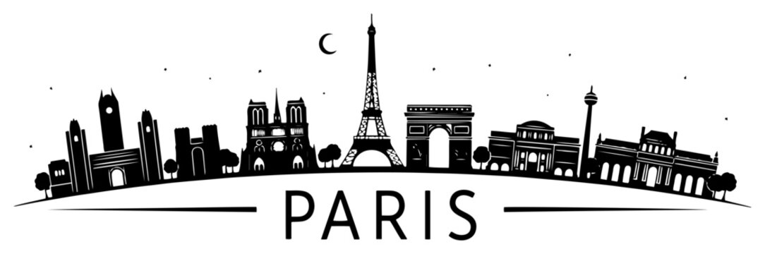 Paris city skyline with Eiffel Tower and famous landmarks black and white vector silhouette