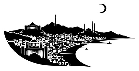 Istanbul skyline panorama with mosque domes and crescent moon in semicircular graphic style © Camel