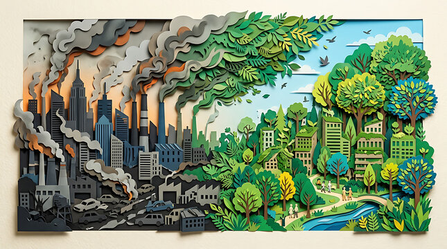 Artistic paper cut illustration portraying the extreme contrast between a smog-filled industrial city and a flourishing, clean green environment, emphasizing environmental responsibility