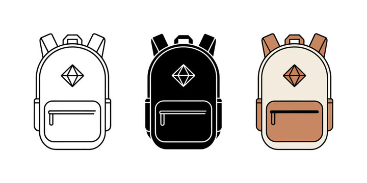 Three stylish backpack designs with diamond logo isolated on clear background