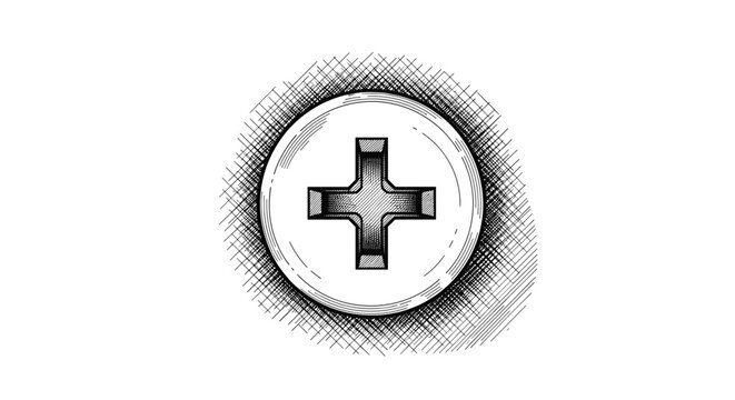 Top down view of a phillips head screw shown with detailed shading and crosshatch lines in a technical style.