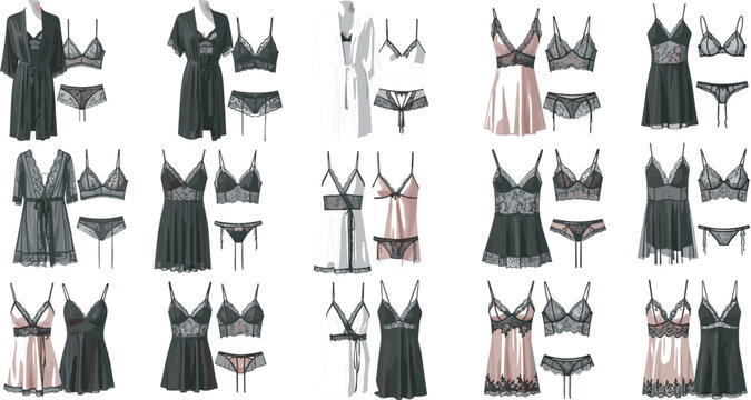 Large fashion grid collection of elegant women lace lingerie sets matching satin nightgowns sheer robes and underwear sets isolated on a white background