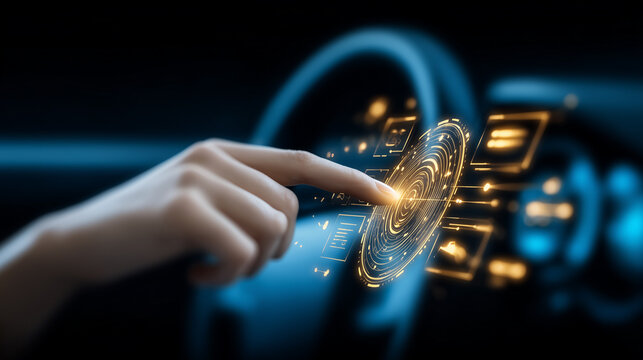 A finger touching a futuristic interface inside a car, symbolizing smart vehicle control, digital dashboard and automotive technology.
