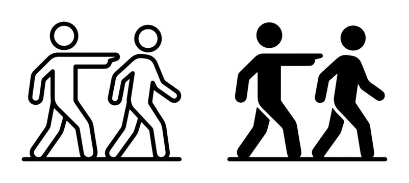 Pointing Direction, Guidance, Leadership Icons. Two figures walking, one leading and pointing the way. Vector illustration.
