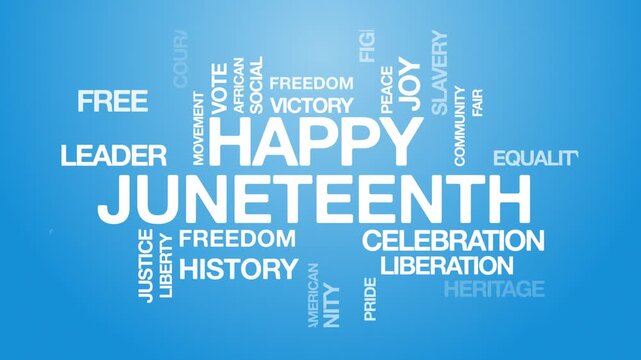 Happy juneteenth concept Animated Tag Word Cloud kinetic typography, Text Design Animation typography seamless loop video motion graphics Intro Wordart arrangement blue background bg backdrop campaign