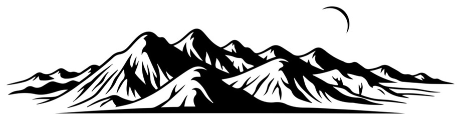 Mountain range landscape panorama with peaks and crescent moon in minimalist silhouette style © Camel