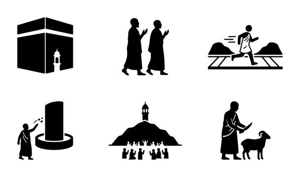 Islamic Pilgrimage Icons Set: Kaaba, Hajj, Umrah, Sacrifice, Tawaf, Sa'i, Jamarat, Medina, Mecca, Muslim Worship, Religious Journey, Vector Graphics