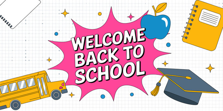 Colorful welcome back to school illustration with school bus and graduation cap