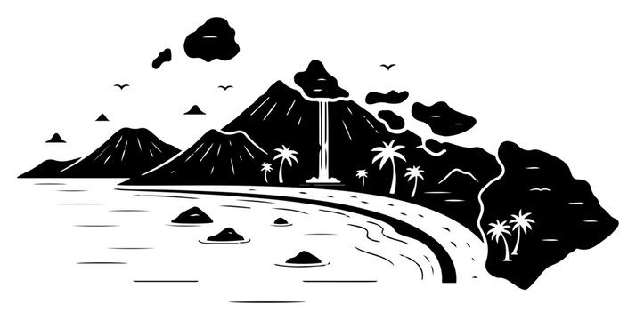 Tropical island beach with palm trees and volcanic mountains in minimalist black and white style