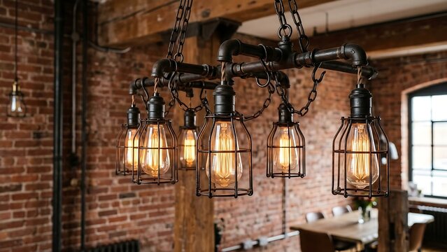 Industrial pipe chandelier with caged vintage bulbs against a rustic brick wall