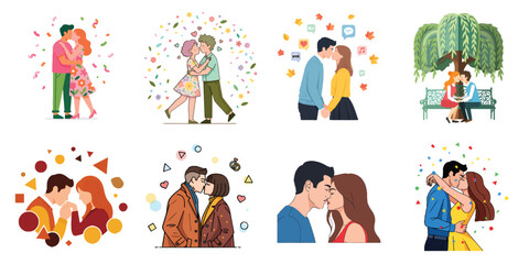 Fototapeta premium Love Couples Sharing Romantic Moments with Hugs and Kisses Celebrating Relationships and Affection, International Kissing Day