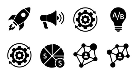 Startup Launch, Marketing Strategy, Process Optimization, A/B Testing Icons Set. Business Growth, Data Analysis, Network Connection Vector Graphics. © Jeba