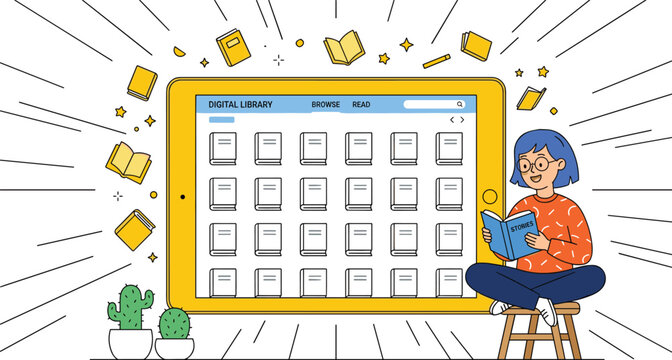 Digital library concept with woman reading ebook and online education platform vector illustration