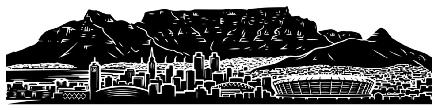 Cape Town city skyline with Table Mountain and stadium in black and white vector style