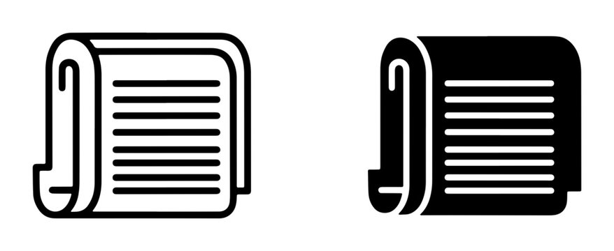 Scroll Icons, Document Vector Icons, Manuscript Symbols. Set of two scroll icons, one outline, one filled silhouette, representing documents, texts, or historical records.