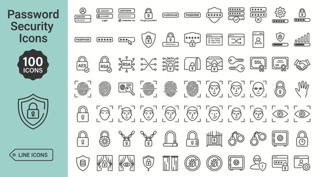 Password Security Icon Set Cybersecurity Biometric Login Verification Data Privacy Thin Line Vector Icons Bundle , png, jpeg, jpg, transparent bg