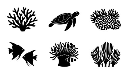 Ocean Life Icons Set: Sea Turtle, Coral Reefs, Tropical Fish, Anemone Vector Graphics for Marine Biology and Underwater Themes © Rashedur