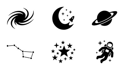 Cosmic Icons Set: Galaxy, Moon Rocket, Saturn, Constellation, Starburst, Astronaut, Space Exploration Graphics © Rashedur