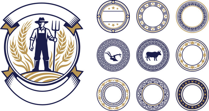 Vintage Agriculture Logo Badges Vector Set with Farmer Silhouette, Wheat Ears, Cow, Plow, Ornate Circular Frames, and Empty Ribbons for Branding