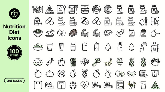 Nutrition Diet Icon Set 100 Healthy Food Supplements Vitamins Minerals Line Art Vector Icons , png, jpeg, jpg, transparent bg