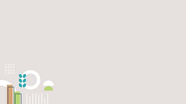 Seamless loop animation of abstract geometric objects in cream, white, and green pastel tones moving in corners, providing a large gray copy space area for text layout