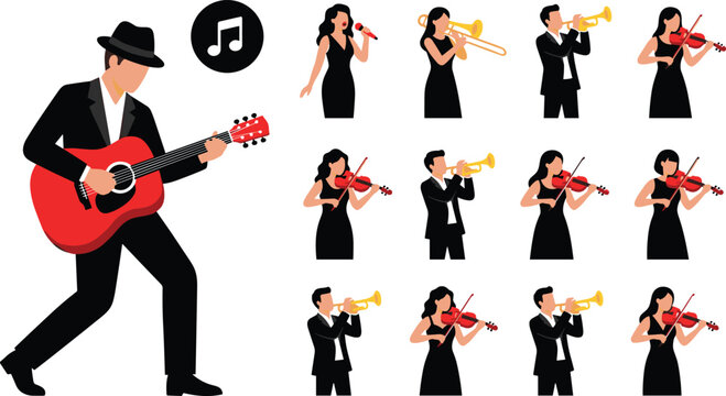 Musician performance collection with guitar, trumpet and violin players vector illustration set