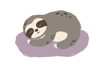 Fototapeta premium Sloth cartoon drawing cute baby sleeping and smiling clipart on organic shape with brown colored minimal painting art vector on transparent background