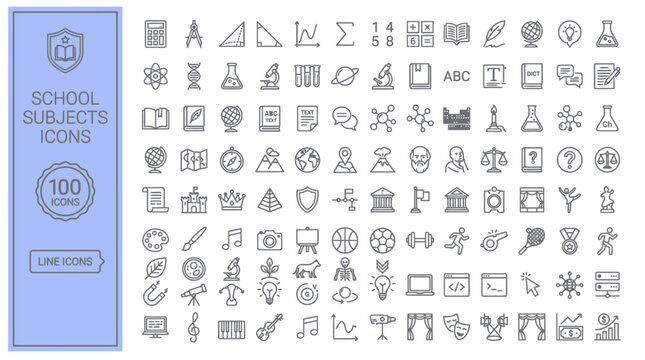 School Subjects Icons Set 100 Education Symbols Monoline Vector Collection for E-learning Science Math History Art STEM , png, jpeg, jpg, transparent bg