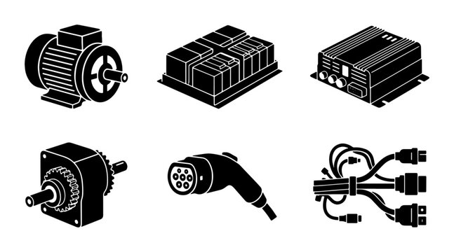 Electric Vehicle Components Set: Motor, Charger, Battery, Cable, Plug Icons. EV Parts Collection.