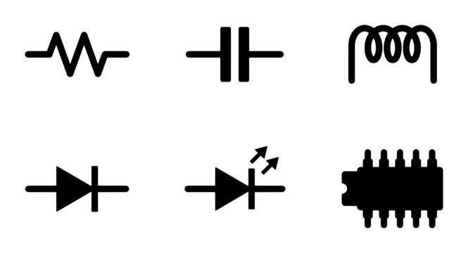 Electronic Component Symbols Vector Icons: Resistor, Capacitor, Coil, Diode, LED, IC Chip Set