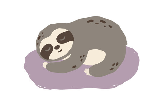 Sloth cartoon drawing cute baby sleeping and smiling clipart on organic shape with brown colored minimal painting art vector on transparent background