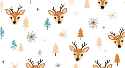 Fototapeta premium Seamless pattern design showing cute deer heads and stylized pine trees in an autumnal or winter woodland theme over white background.