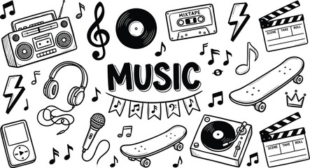 Music doodle collection with headphones, cassette tape, skateboard and retro audio elements vector illustration set © NURUL