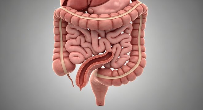 3D medical illustration of human intestinal system with colon cross section