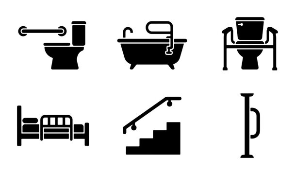 Accessible Bathroom and Home Icons: Toilet, Bathtub, Bed, Stairs, Grab Bars, Mobility Aids Vector Set for Healthcare and Senior Living Design