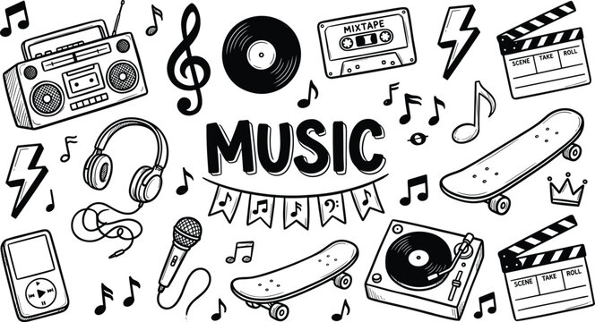 Music doodle collection with headphones, cassette tape, skateboard and retro audio elements vector illustration set