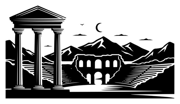 Ancient ruins with temple columns and amphitheater in woodcut vector style