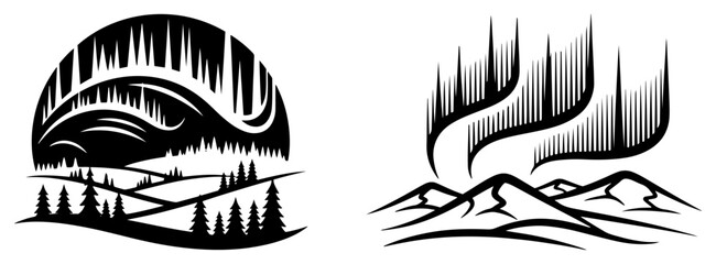 Northern lights over mountains and forest landscape in black silhouette style © Camel