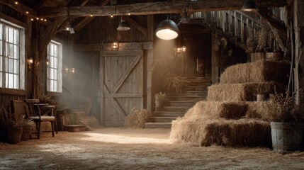 Fototapeta premium Barn Interior with Hay Bales, Soft Lighting, and Vintage Feel