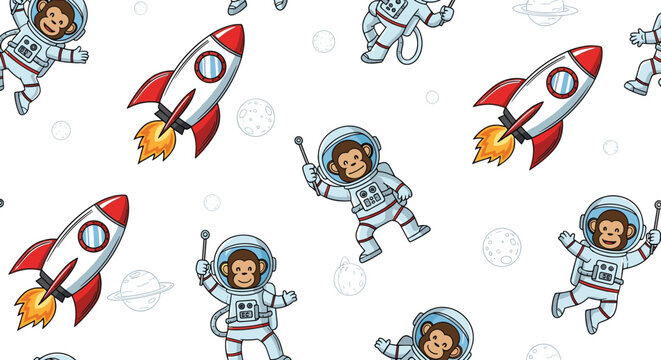 Fun seamless pattern of cute monkey astronauts floating in space along with rockets, planets, and stars on a clean white background.
