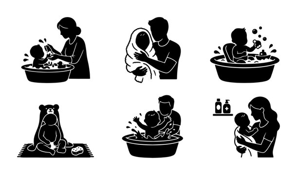 Baby Bath Time Icons, Parenthood Care Silhouettes, Newborn Hygiene Vector Collection, Family Bonding Moments