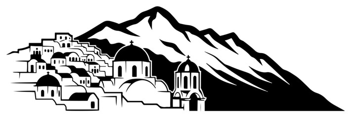 Santorini village landscape with church domes and mountains in minimalist Greek style © Camel