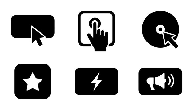 Set of 6 Black Vector Icons: Cursor, Touchscreen, Disc, Star, Lightning, Megaphone. UI Elements for Web and App Design.