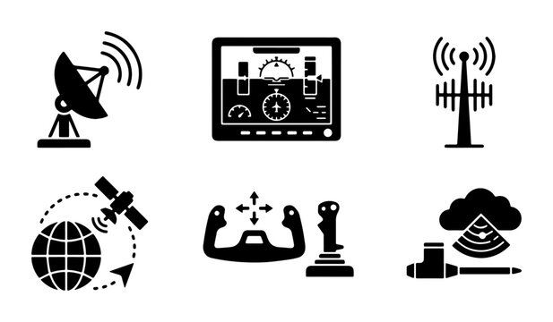 Technology Icons Set: Satellite Dish, Radar Display, Antenna Tower, Global Satellite Network, Flight Controls, Cloud Computing with Wi-Fi Signal