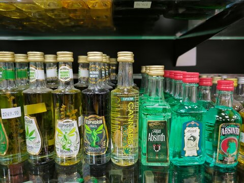 Colorful absinth bottles