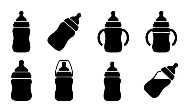 Baby Feeding Bottles Collection, Infant Sippy Cups Set, Newborn Nourishment Vessels, Simple Vector Icons for Childcare and Parenthood