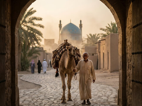Man leading camel through ancient archway